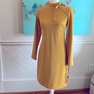 Gold/yellow Calvin Klein mock neck bow tie sheath dress